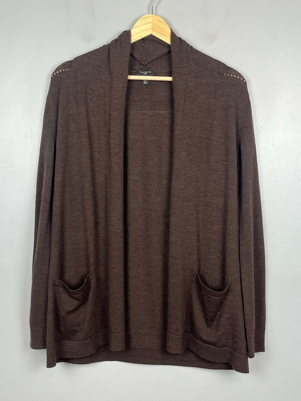 Talbots brown 100% pure merino wool open front cardigan sweater, small petite.